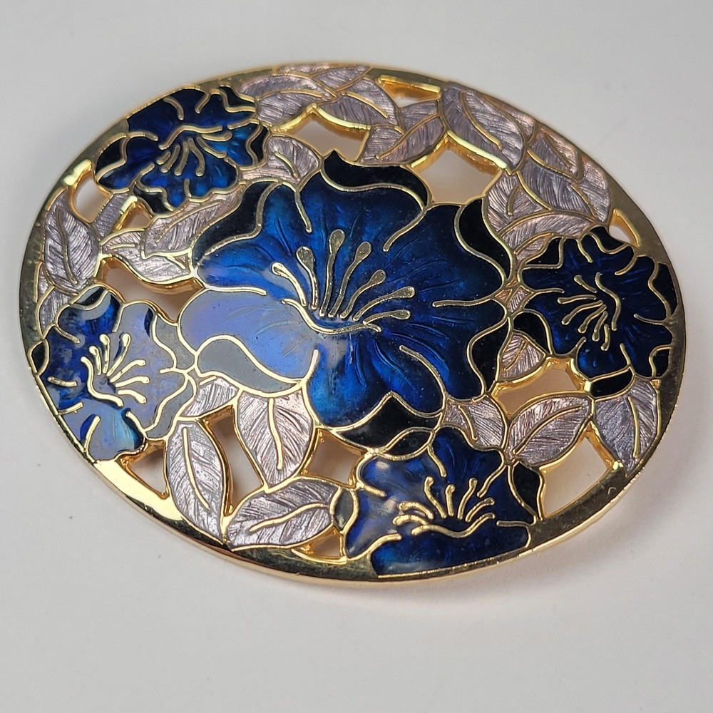 Vintage Fish Enterprises Cloisonne Brooch Pin Blue Floral Enamel Gold Tone Round